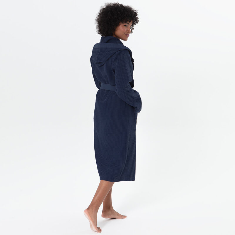 Women’s Navy Turkish Cotton Waffle Hooded Robe