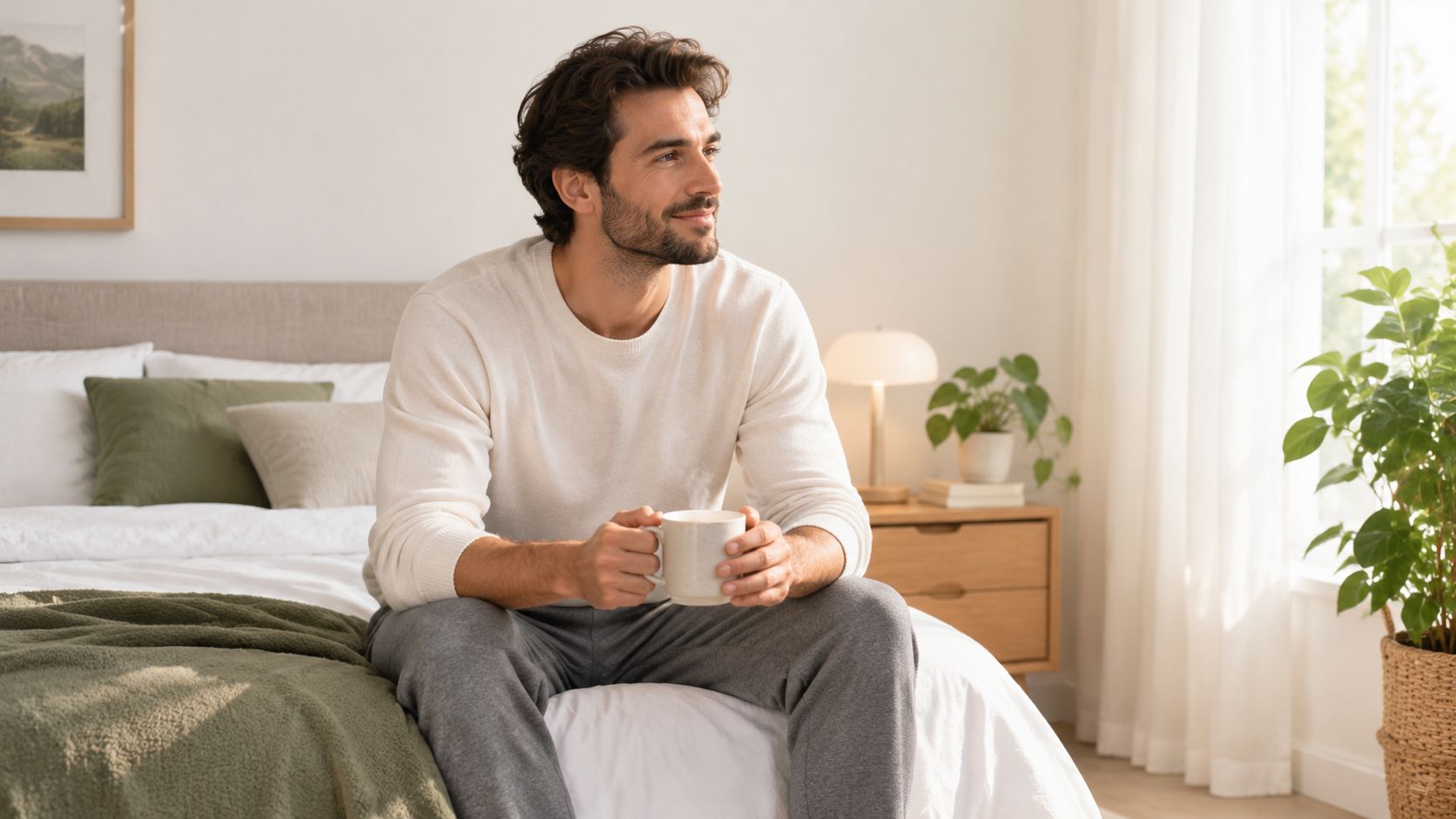 A relaxed man wearing a white sweater and grey pants sits on his bed holding a warm mug.