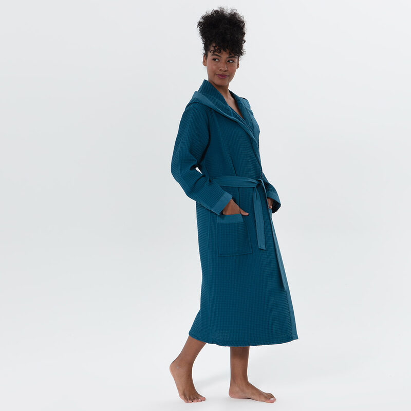 Women’s Deep Aqua Blue Turkish Cotton Waffle Hooded Robe