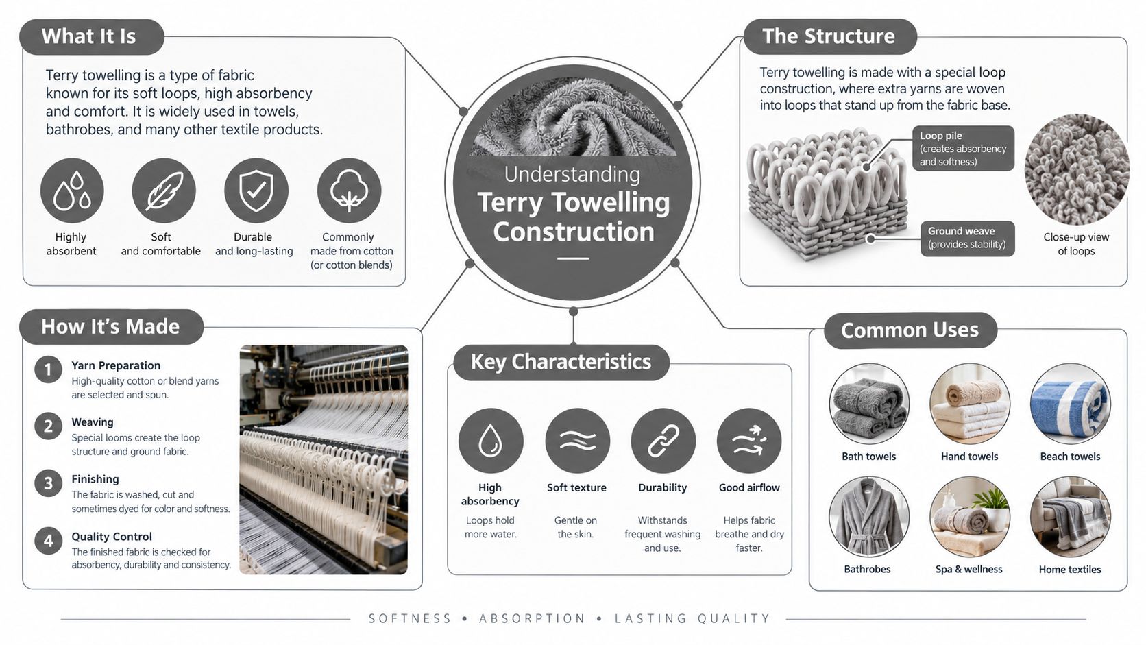 An infographic detailing the production, structure, characteristics, and common uses of terry towelling fabric.