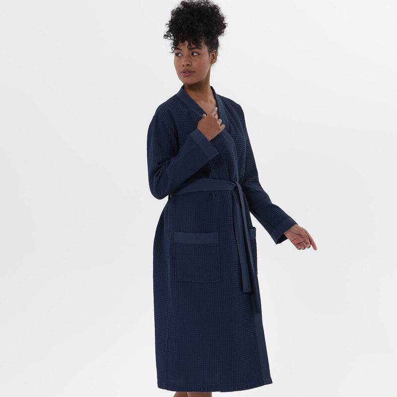 Women’s Navy Lightweight Kimono Waffle Spa Robe