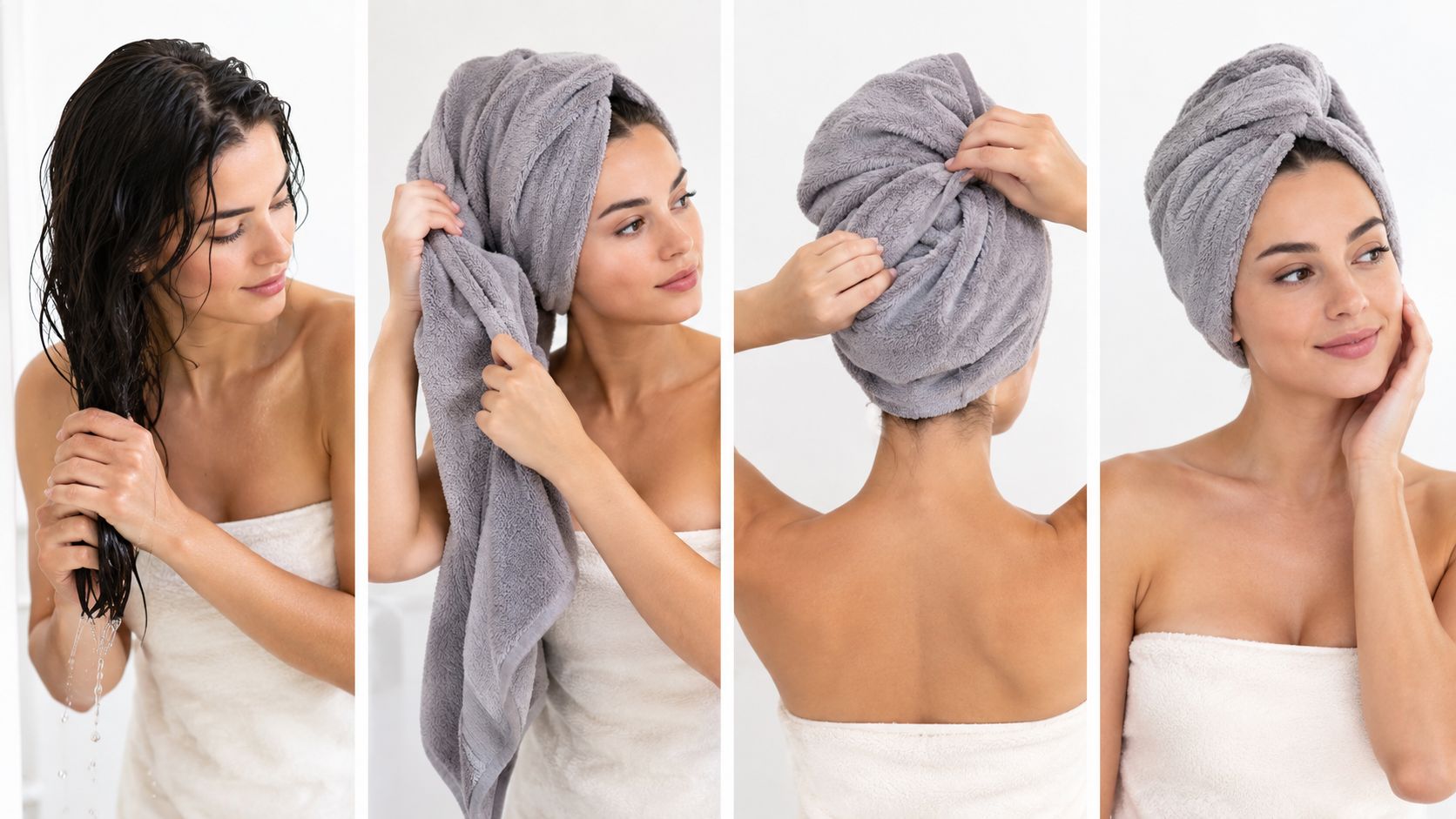 A woman demonstrating the steps to wrap her wet hair in a soft gray microfiber towel after showering.
