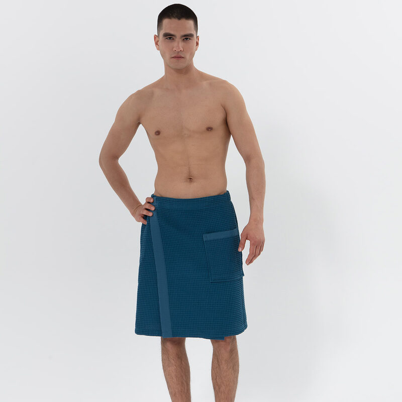 Men’s Deep Aqua Blue Organic Turkish Cotton Waffle Towel Wrap