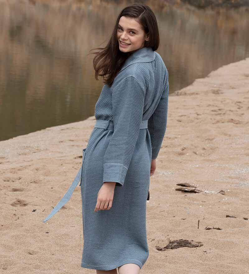 Women’s Indigo Blue Lightweight Waffle Spa Robe with Shawl Collar