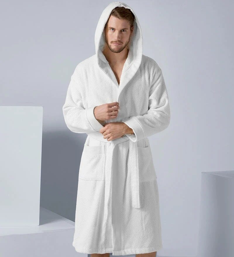 Men's White Luxury Turkish Cotton Terry Cloth Robe with Hood