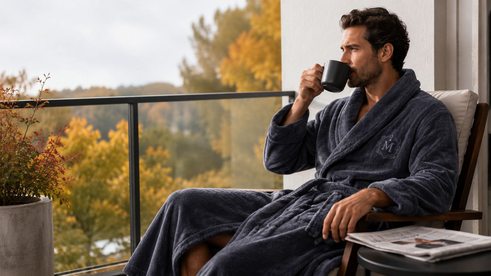 A man wearing a plush navy blue bathrobe sitting on a balcony and drinking coffee.