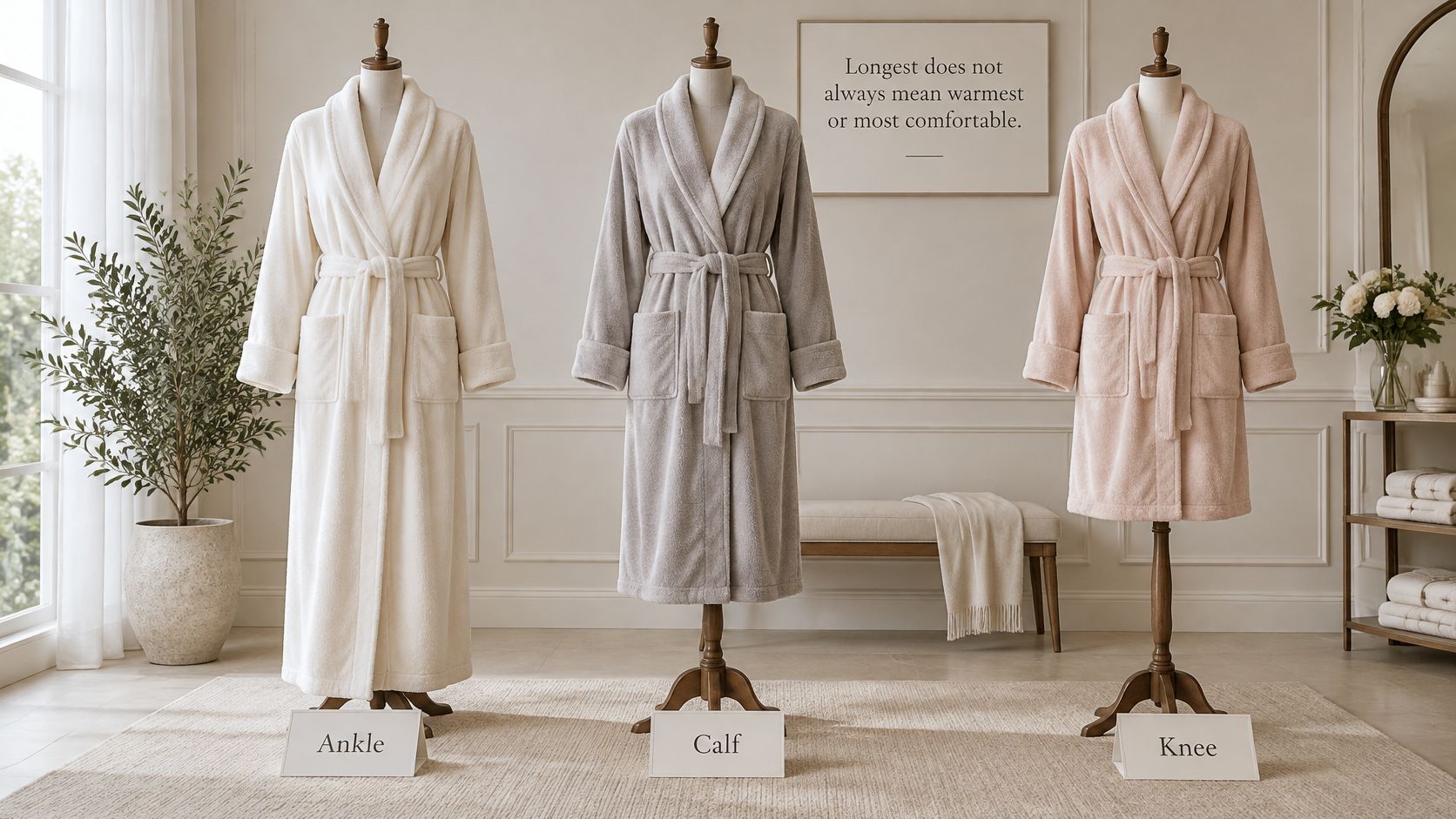 Three mannequins showcase luxury dressing gowns in cream, grey, and pink, labeled by their respective length styles.