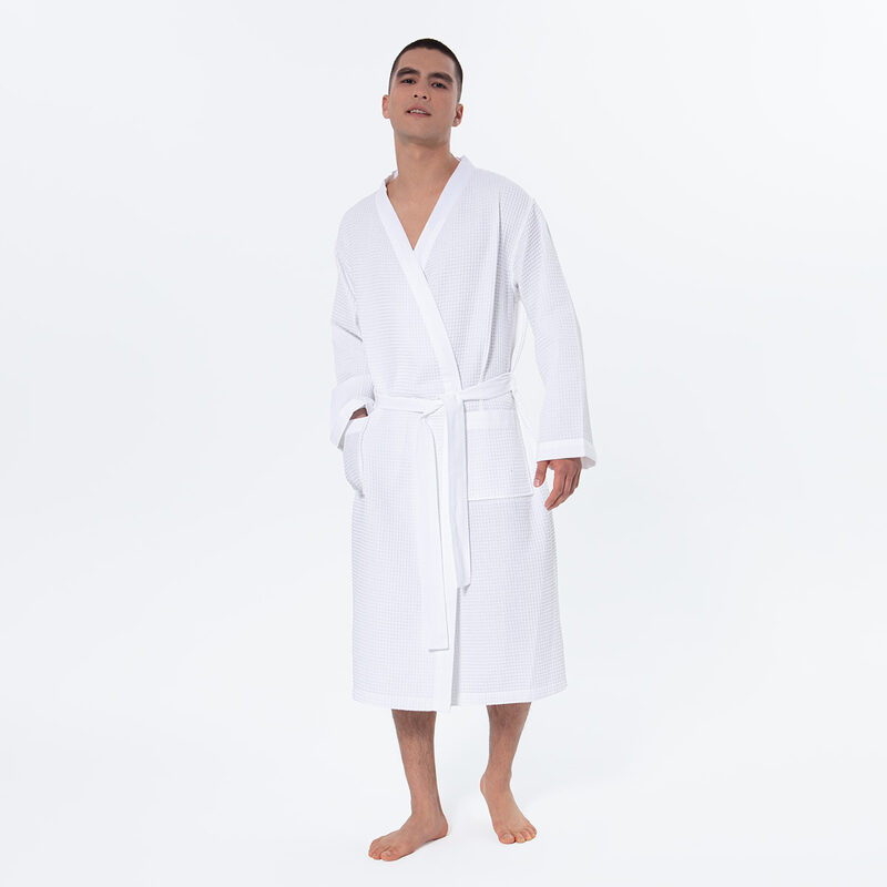 Men’s White Lightweight Kimono Waffle Spa Robe