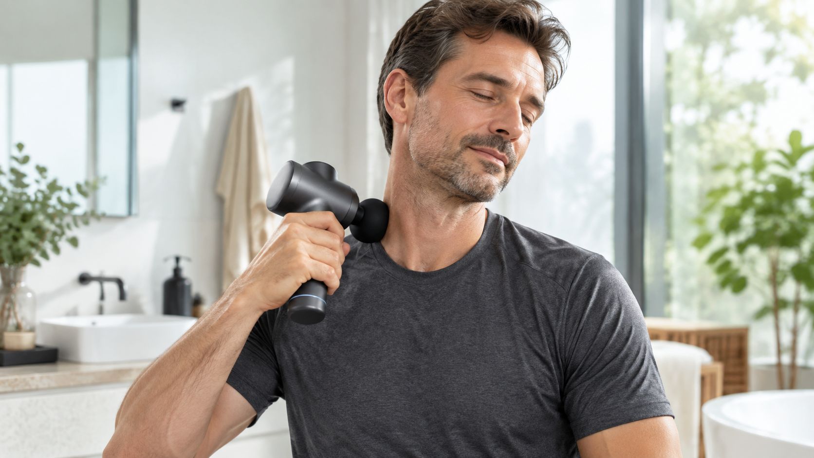 A middle-aged man using a handheld percussion massage gun to relieve tension in his neck at home.