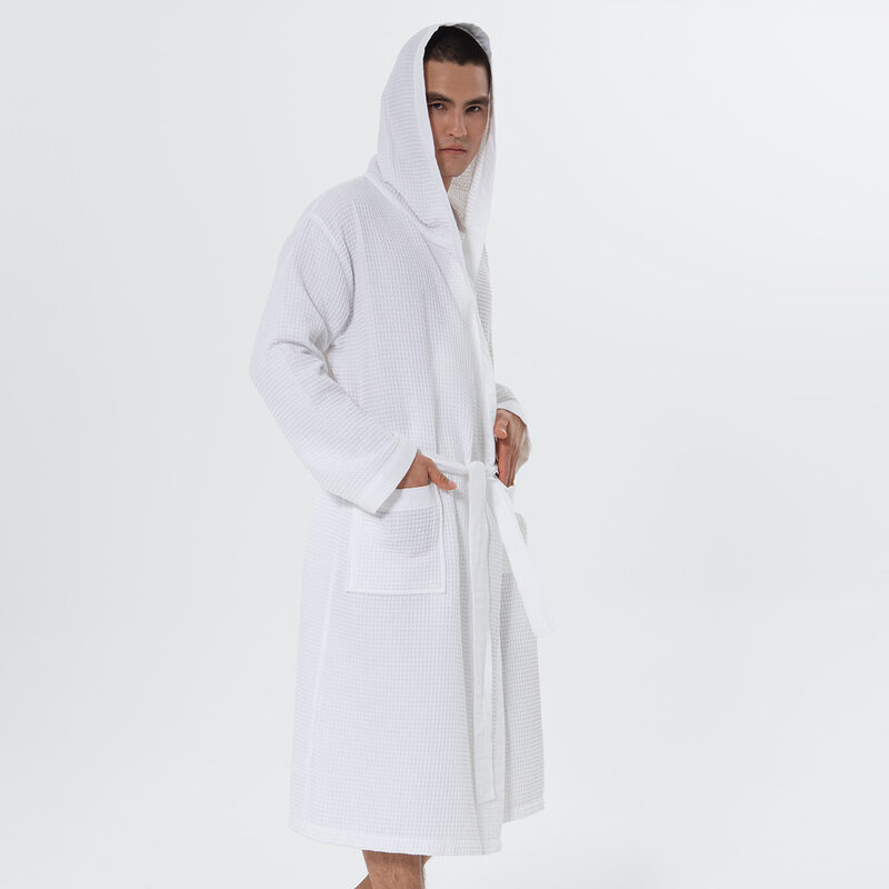 Men's White Hooded Turkish Cotton Waffle Robe