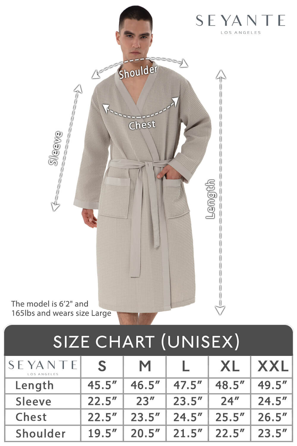The model is 6'2" and 165lbs and wears size Large