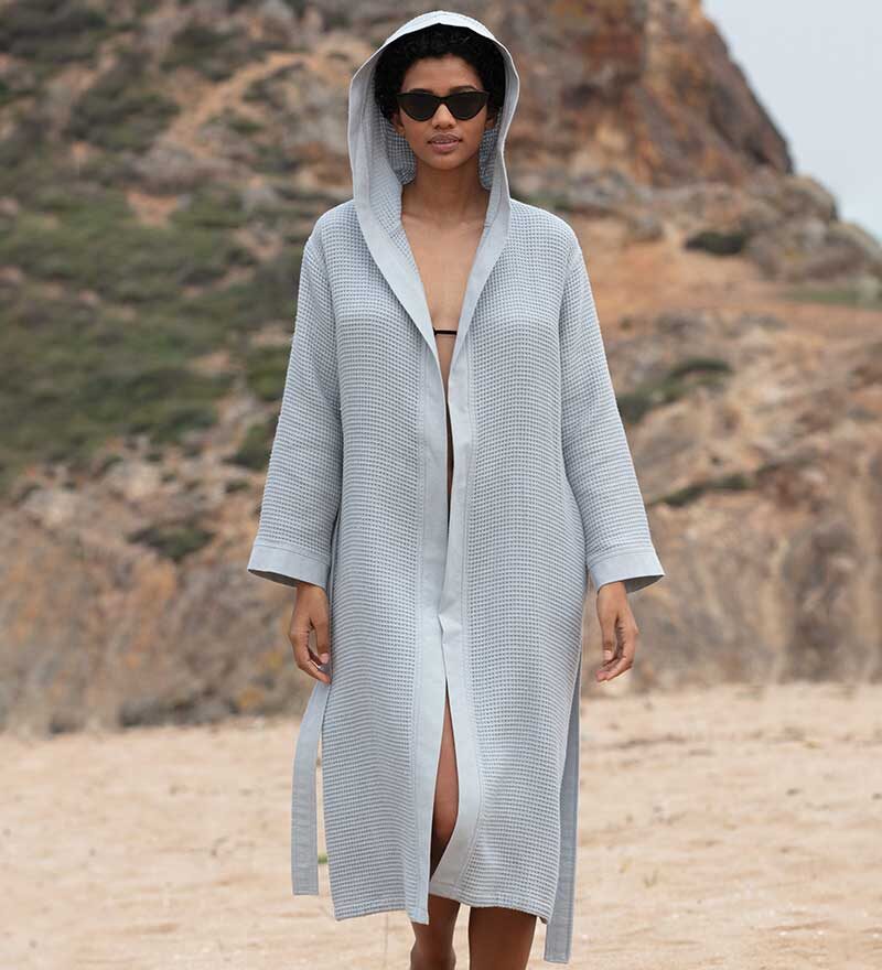 Women’s Blue Gray Turkish Cotton Waffle Hooded Robe - Clearance Sale