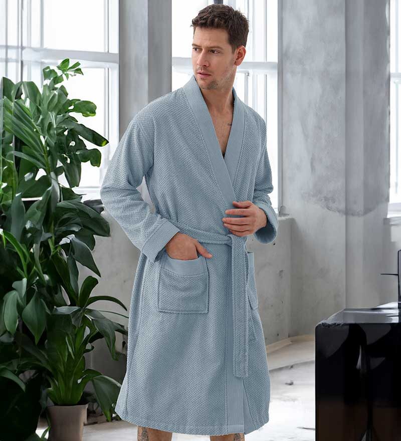 Men's Blue Gray Organic Turkish Terry Cloth Kimono Bathrobe