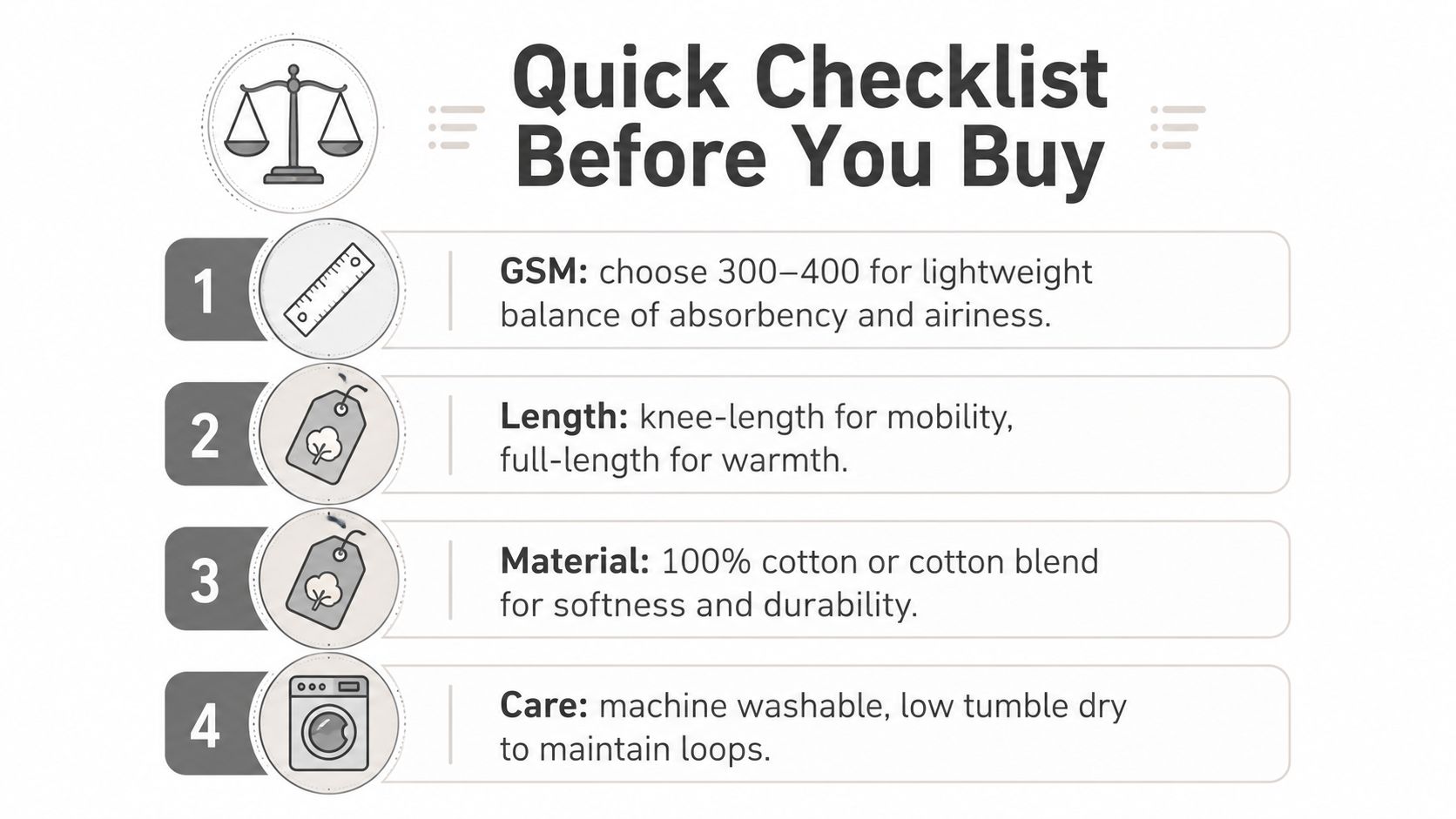 A quick checklist infographic for buying lightweight terry cloth robes, highlighting GSM, length, material, and care instructions.