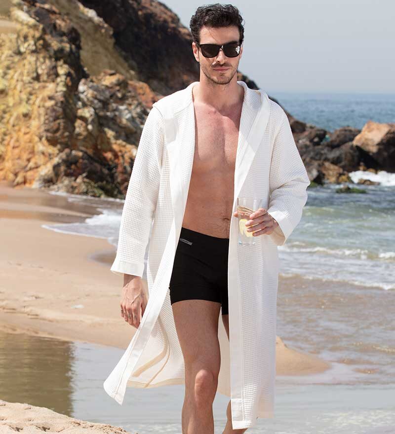 Men's White Hooded Turkish Cotton Waffle Robe - Clearance Sale