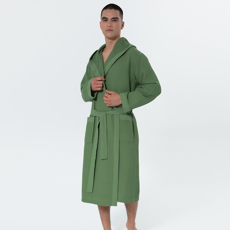 Men's Green Hooded Turkish Cotton Waffle Robe