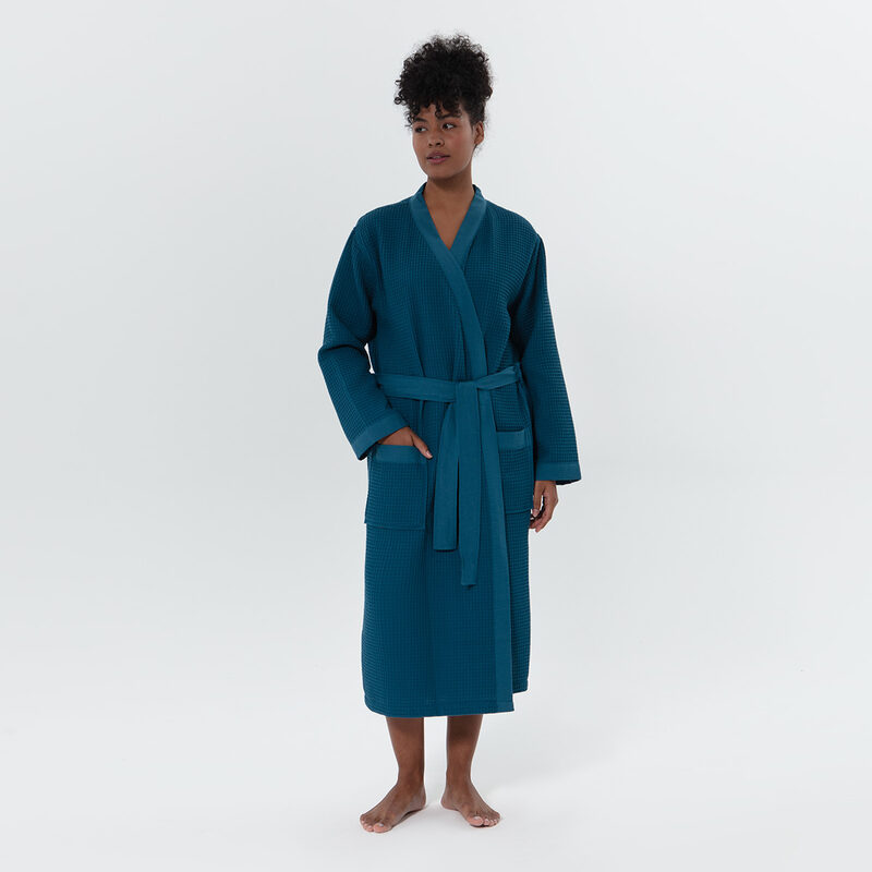 Women’s Deep Aqua Blue Lightweight Kimono Waffle Spa Robe