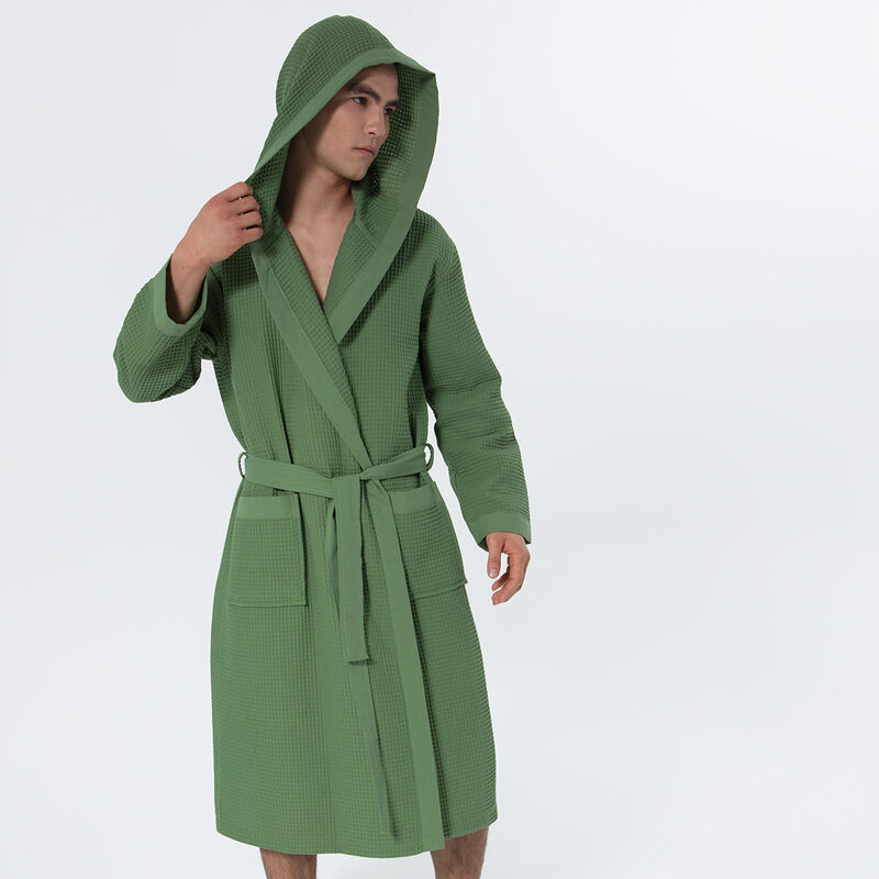 Men's Green Hooded Turkish Cotton Waffle Robe