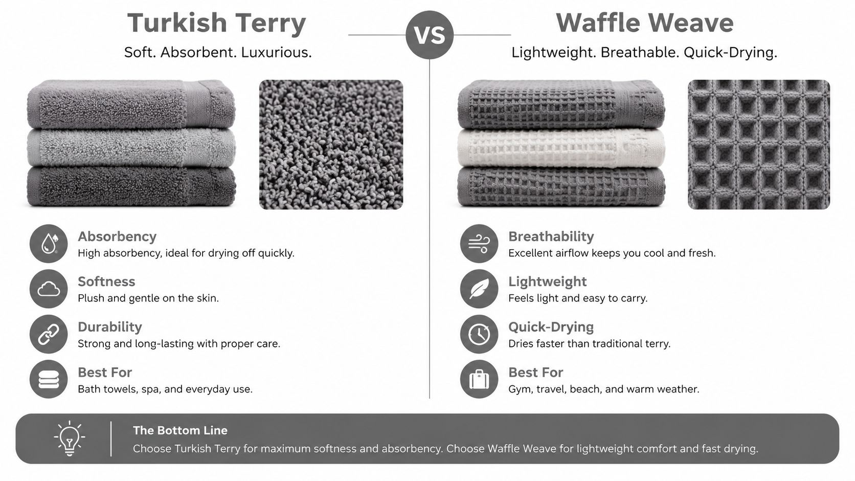 A comparison chart showing Turkish Terry and Waffle Weave fabric features, textures, and best use cases.