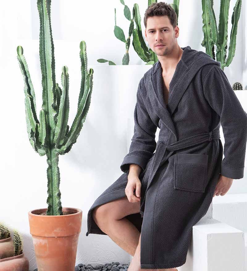 Men's Charcoal Luxury Turkish Cotton Terry Cloth Robe with Hood