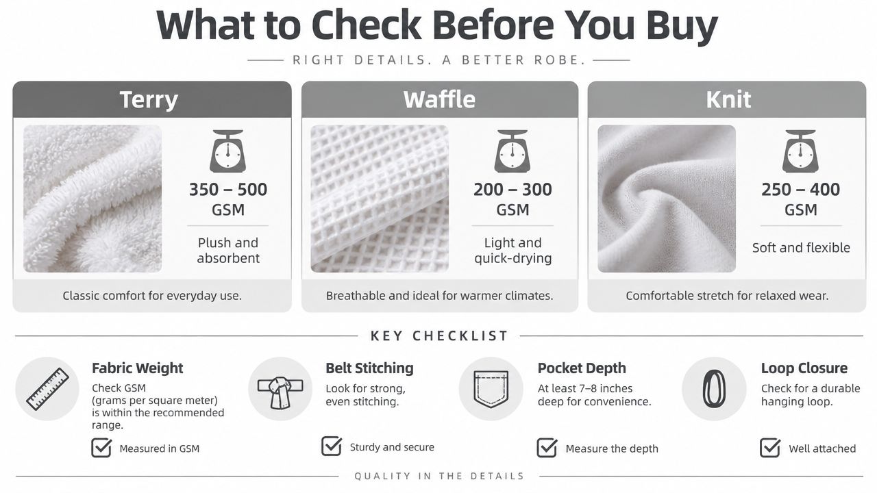 An infographic showing fabric types and quality checkpoints to consider when buying a bathrobe.