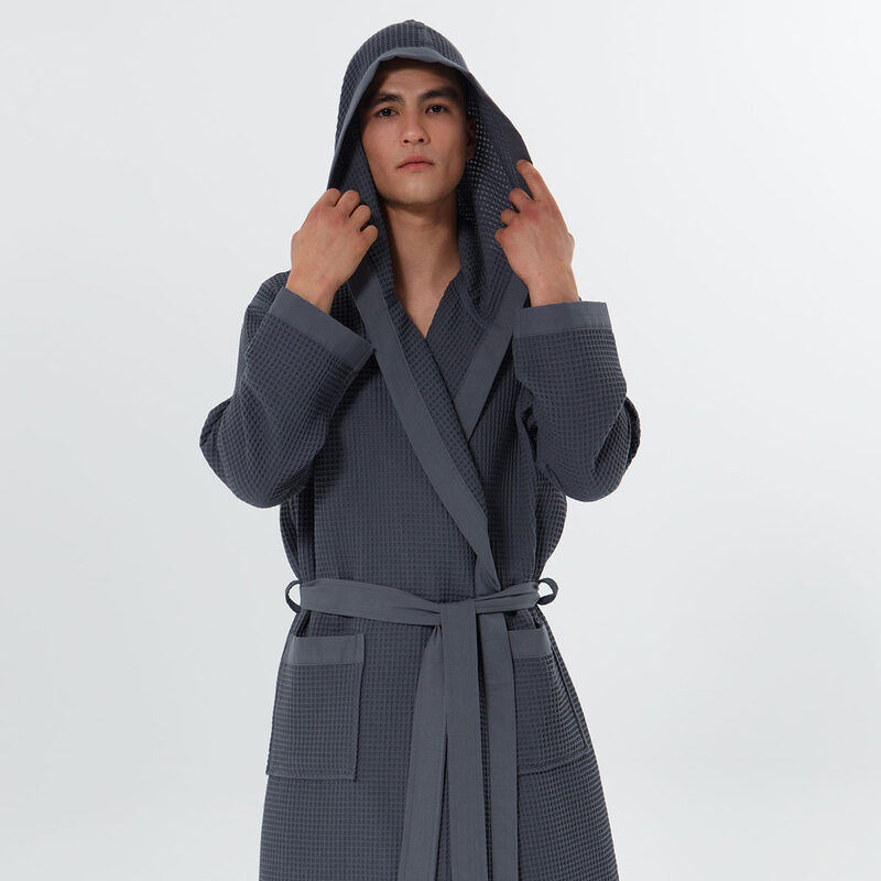 Men's Charcoal Hooded Turkish Cotton Waffle Robe
