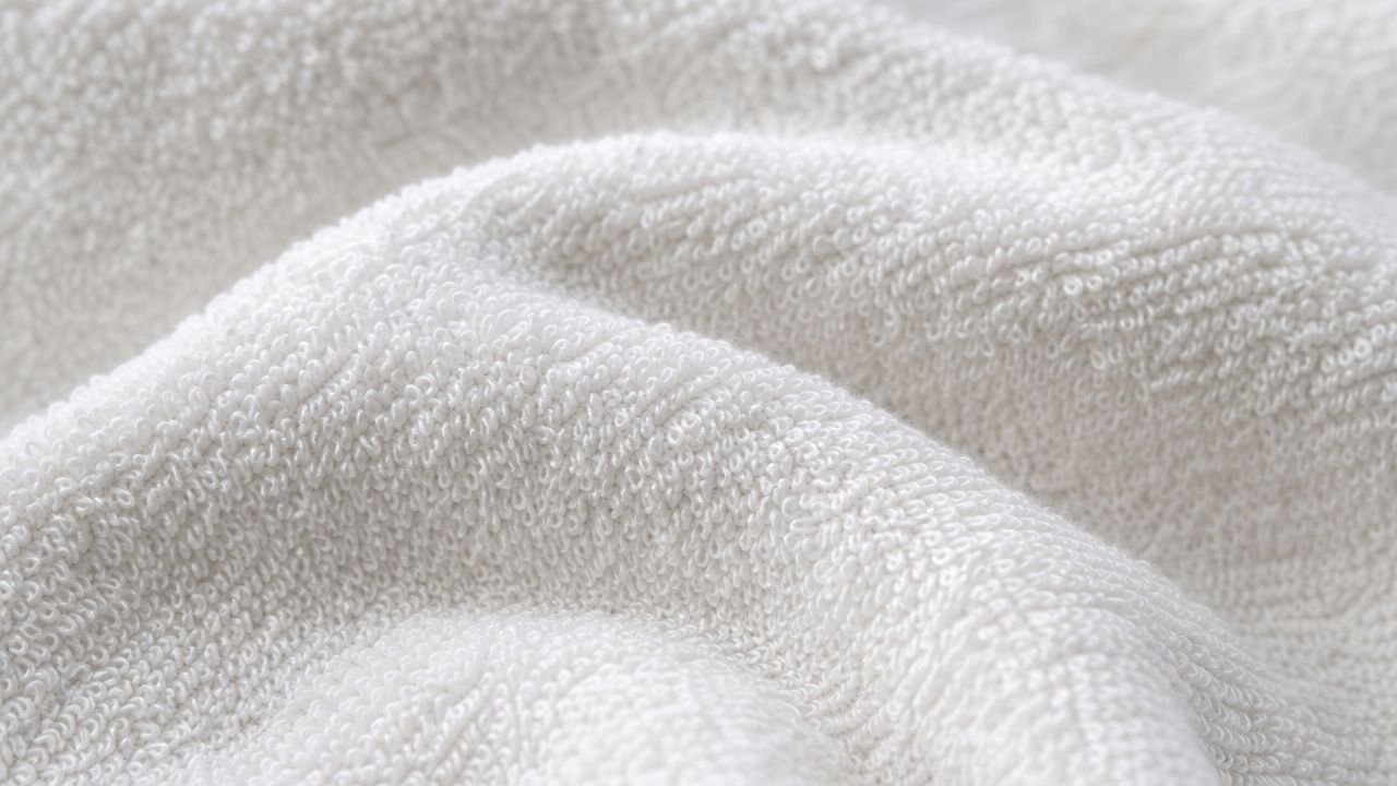 A close-up view of soft white terry cloth fabric with detailed loops and gentle folds.