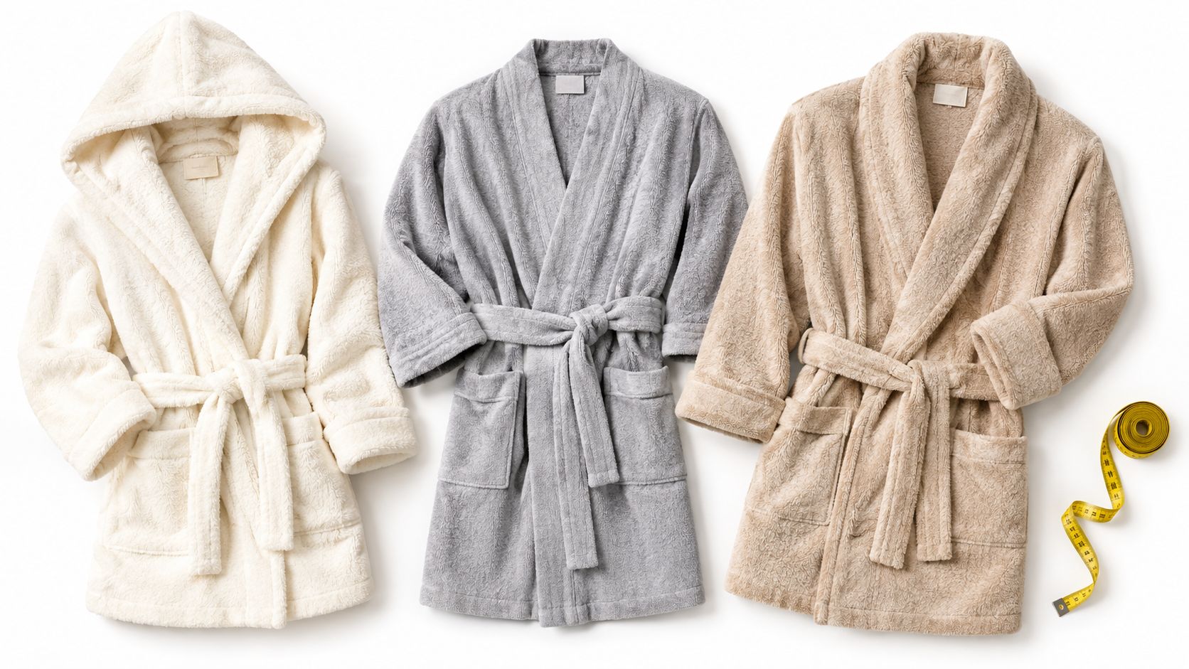 Three plush luxury terry bathrobes in white, grey, and beige displayed next to a yellow measuring tape.