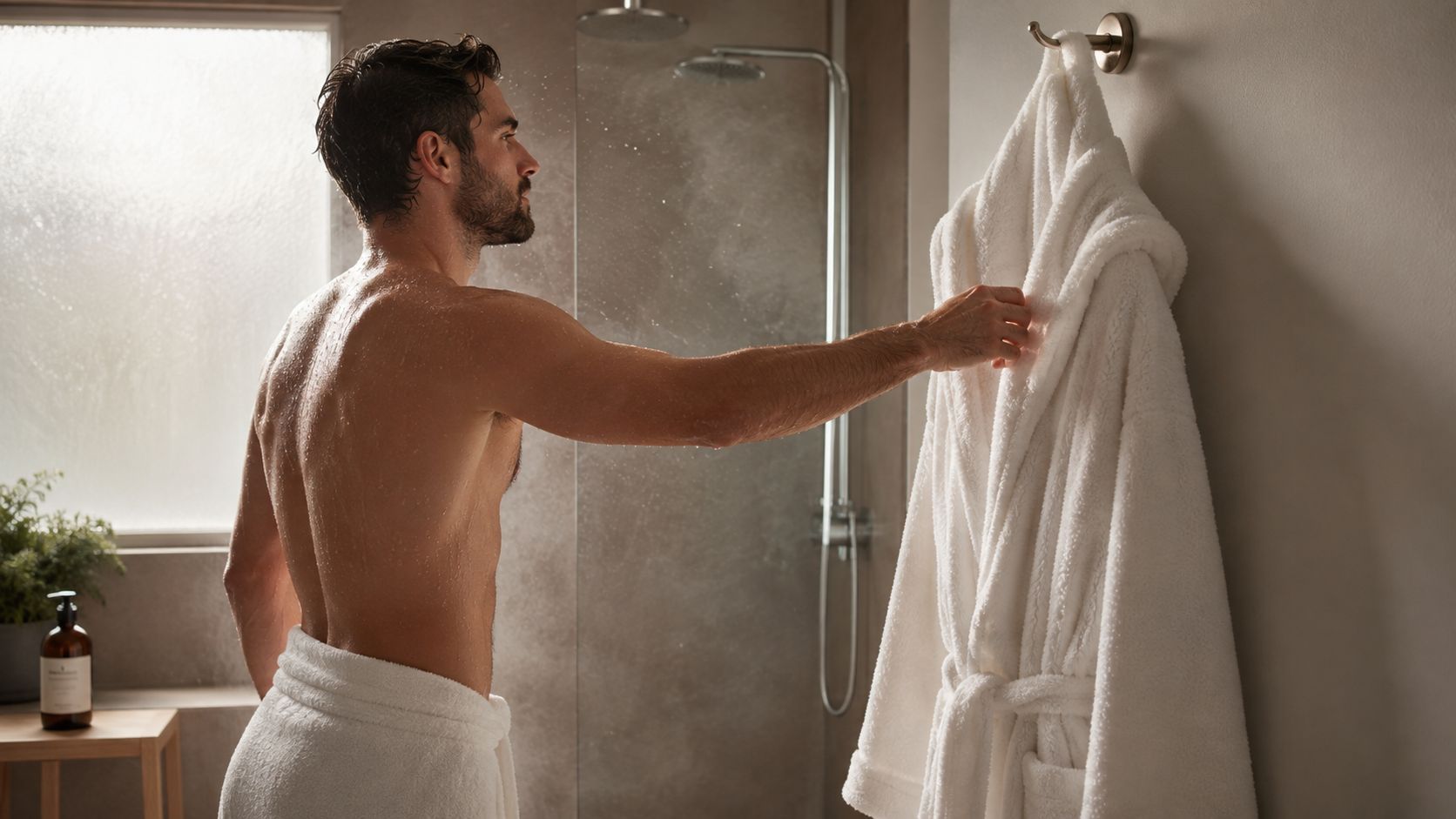 A fit shirtless man standing in a modern bathroom reaching for a white terry cloth robe.