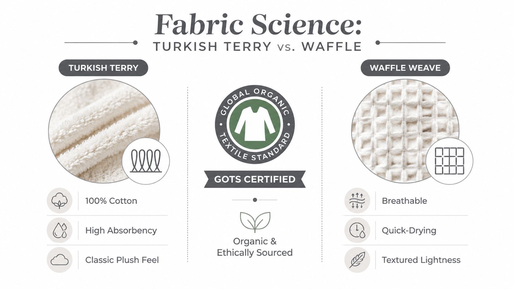 A comparison chart showing the differences between Turkish Terry and Waffle weave fabrics, highlighting their unique properties.