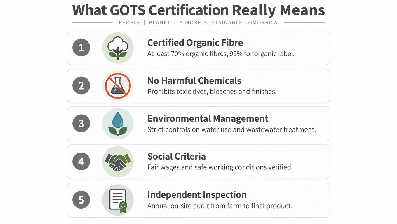An infographic detailing five key criteria for GOTS organic certification, including fibre, chemical, and social standards.