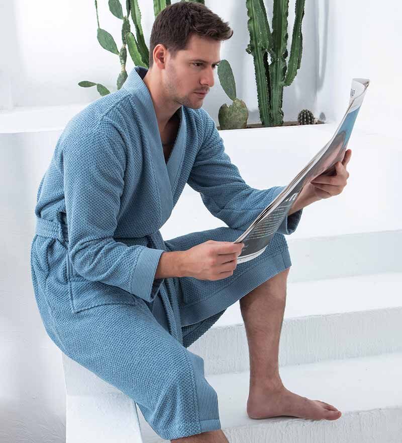 Men's Blue Organic Turkish Terry Cloth Kimono Bathrobe