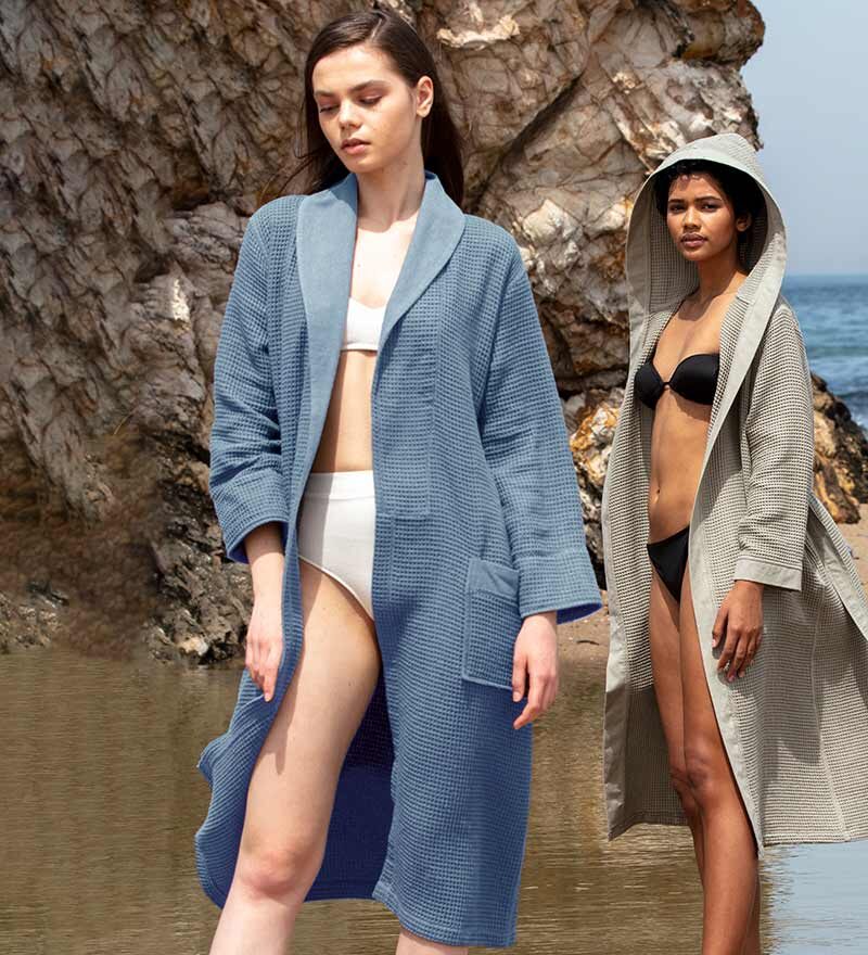 Women’s Indigo Blue Lightweight Waffle Spa Robe with Shawl Collar