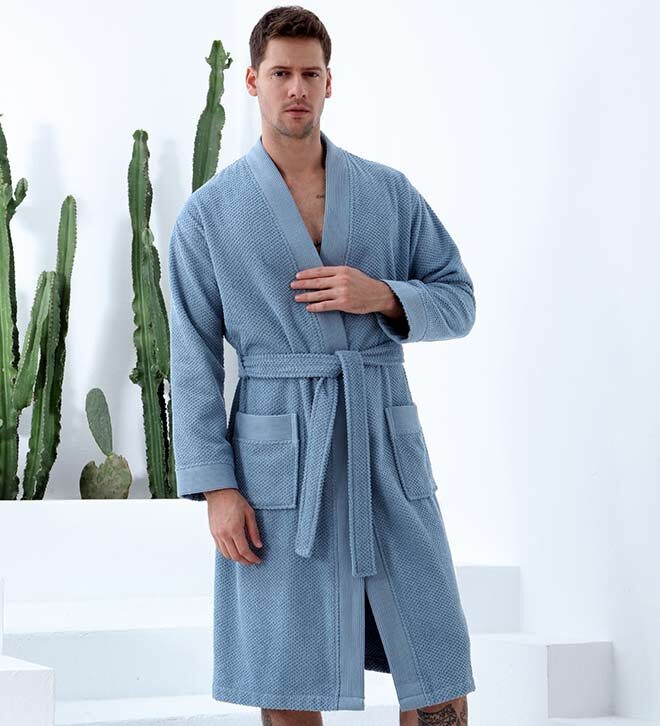Men's Blue Organic Turkish Terry Cloth Kimono Bathrobe