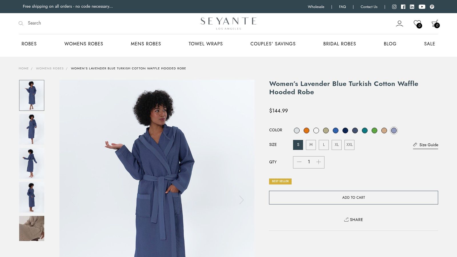 Screenshot from https://seyante.com/womens-lavender-blue-turkish-cotton-waffle-hooded-robe