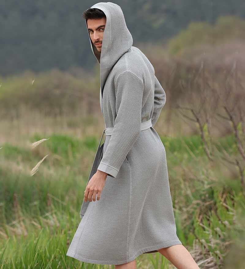 Men's Gray Hooded Turkish Cotton Waffle Robe
