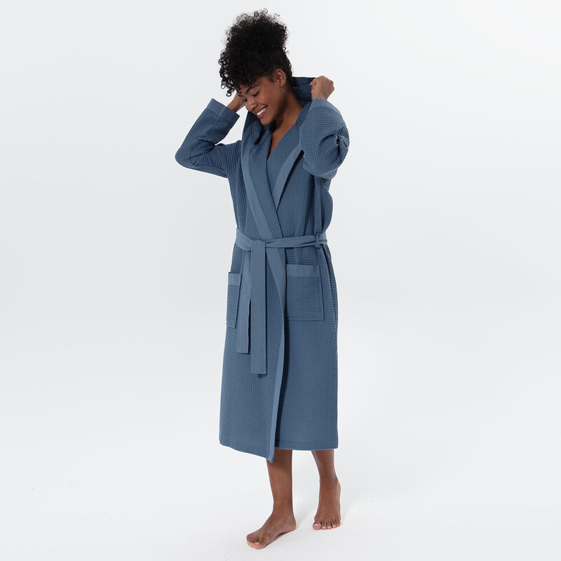 Women’s Indigo Blue Turkish Cotton Waffle Hooded Robe