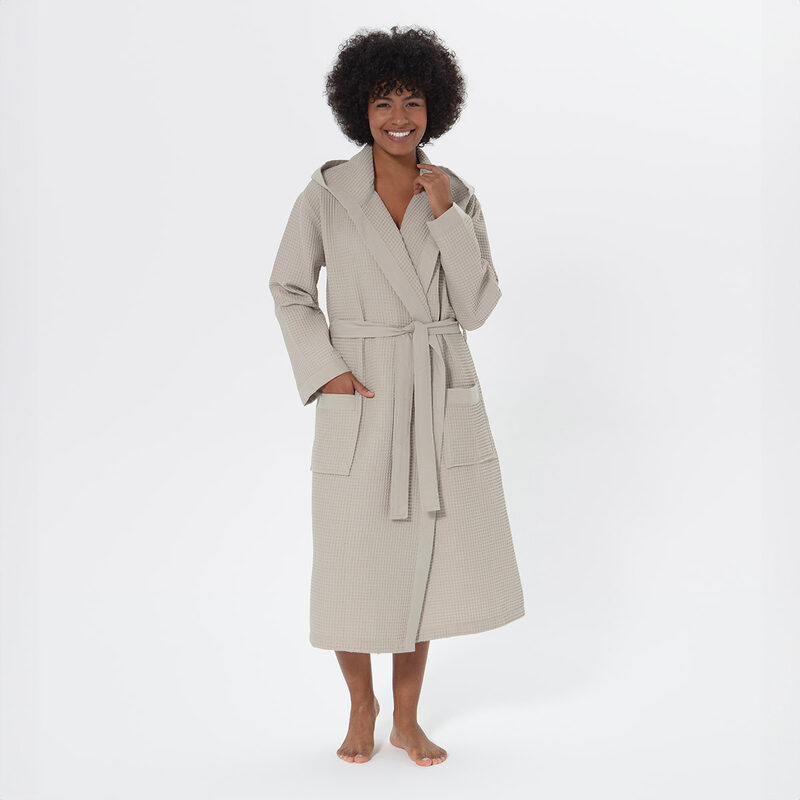 Women’s Stone Beige Turkish Cotton Waffle Hooded Robe