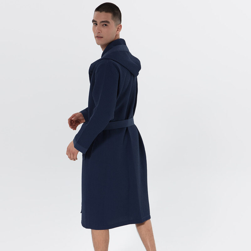 Men's Navy Hooded Turkish Cotton Waffle Robe