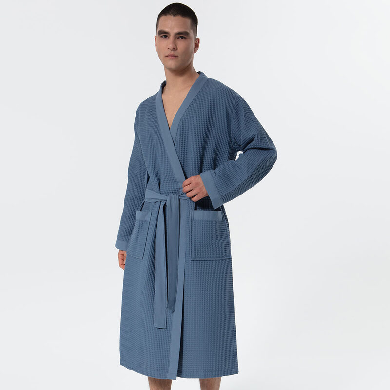 Men’s Indigo Blue Lightweight Kimono Waffle Spa Robe