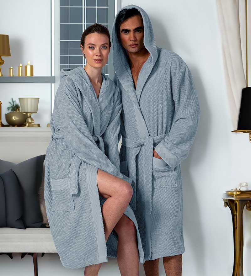 Men's Blue Gray Luxury Turkish Cotton Terry Cloth Robe with Hood