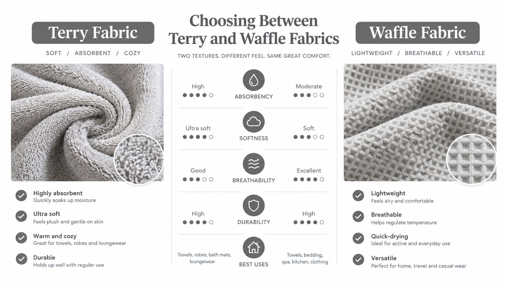 A comparison chart highlighting the comfort, absorbency, and features of terry fabric versus waffle fabric textiles.