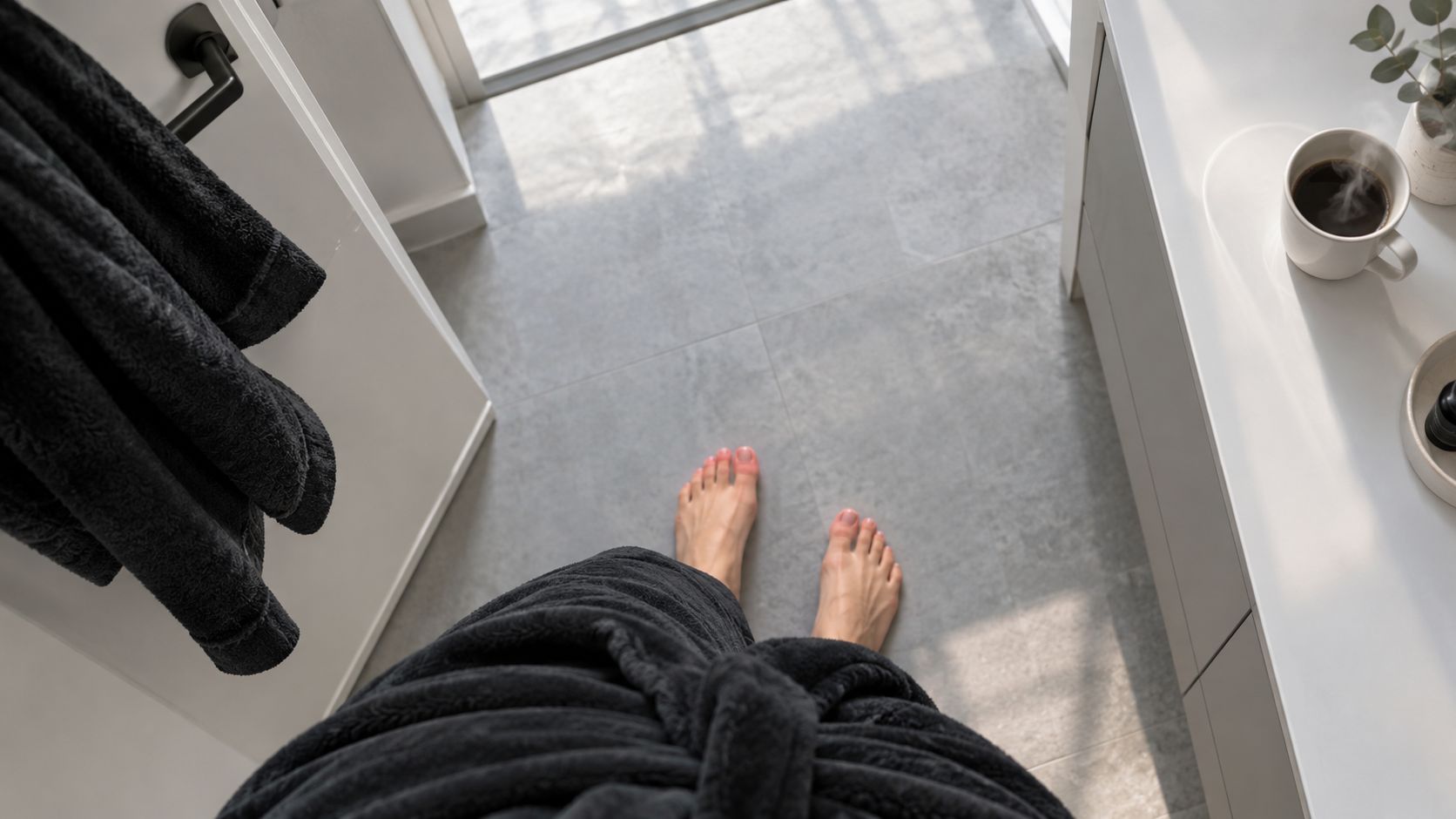 A first-person view of a person wearing a plush black robe standing on a grey tiled floor.
