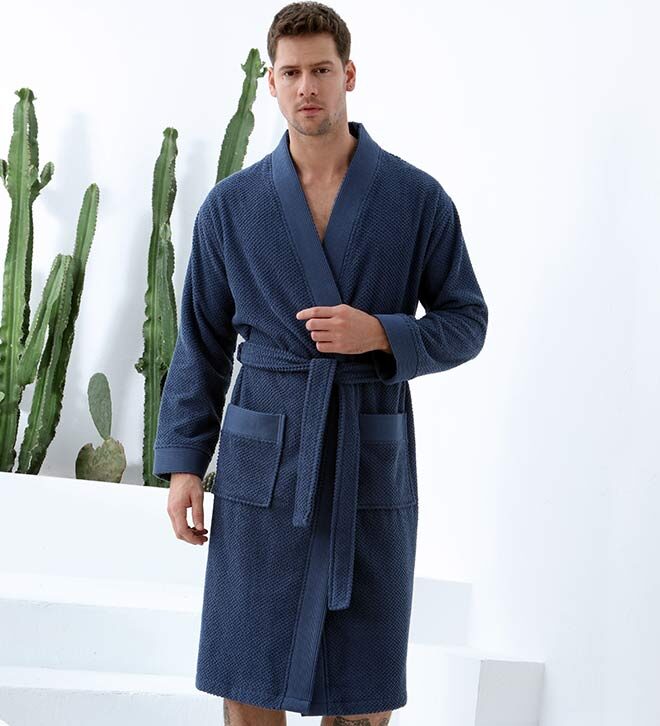 Men's Navy Organic Turkish Terry Cloth Kimono Bathrobe