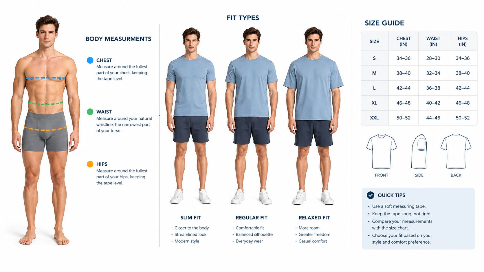 A visual guide illustrating body measurement techniques for men alongside a size chart and fit types.