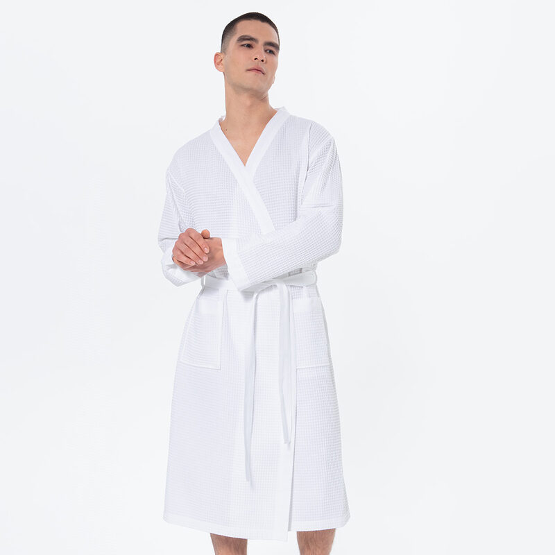Men’s White Lightweight Kimono Waffle Spa Robe