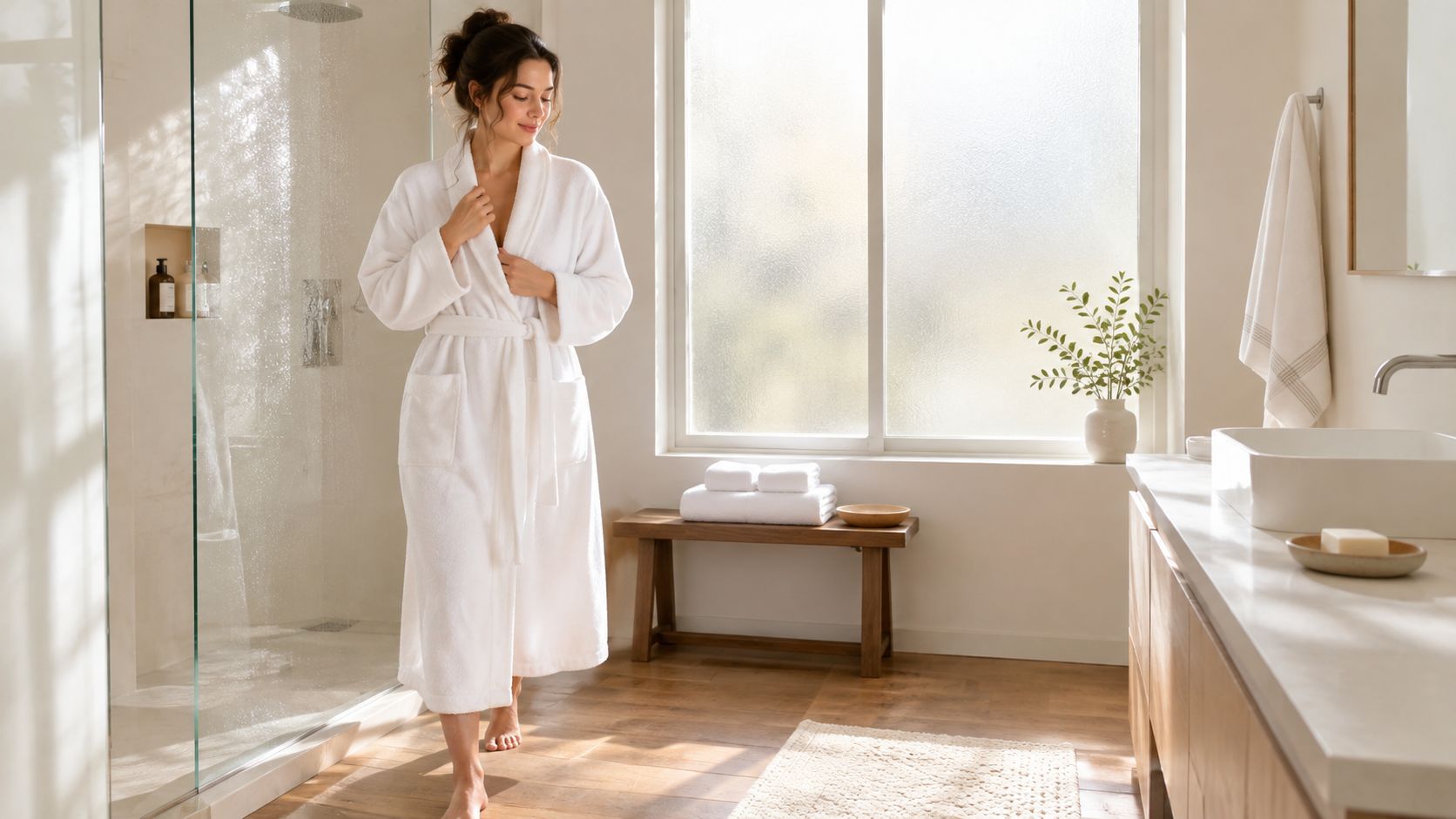 A woman wearing a soft white cotton robe standing in a bright and modern luxury bathroom.