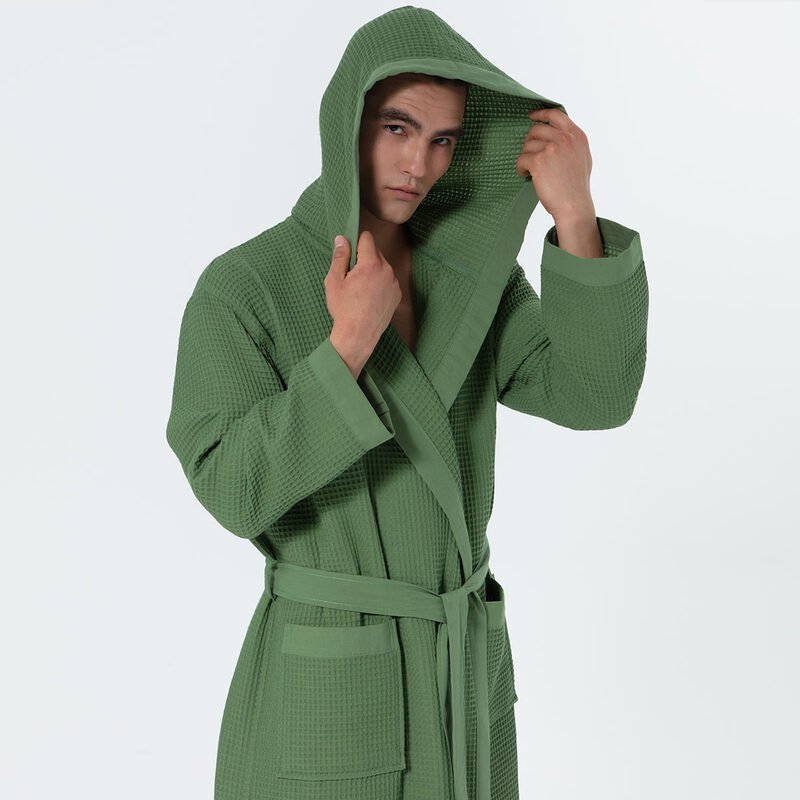 Men's Green Hooded Turkish Cotton Waffle Robe