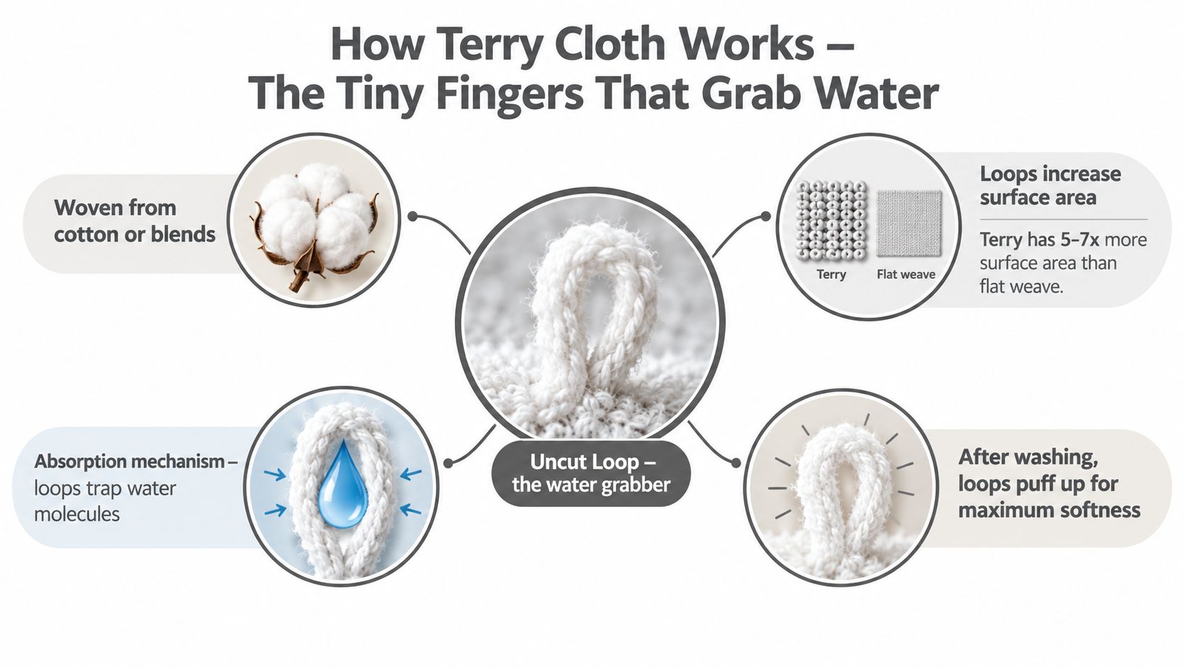 A diagram explaining how terry cloth fabric works, highlighting the absorption mechanism of its uncut loops.