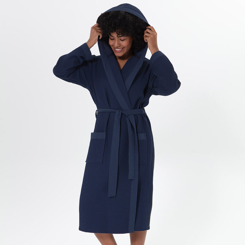 Women’s Navy Turkish Cotton Waffle Hooded Robe